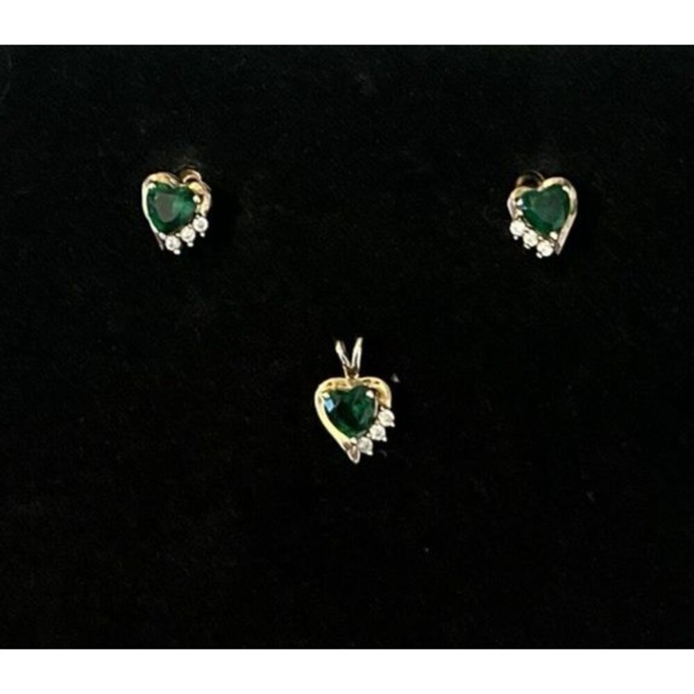 Sterling Silver 14Kt GP Simulated Emerald & White CZ Post Earrings and Pendant